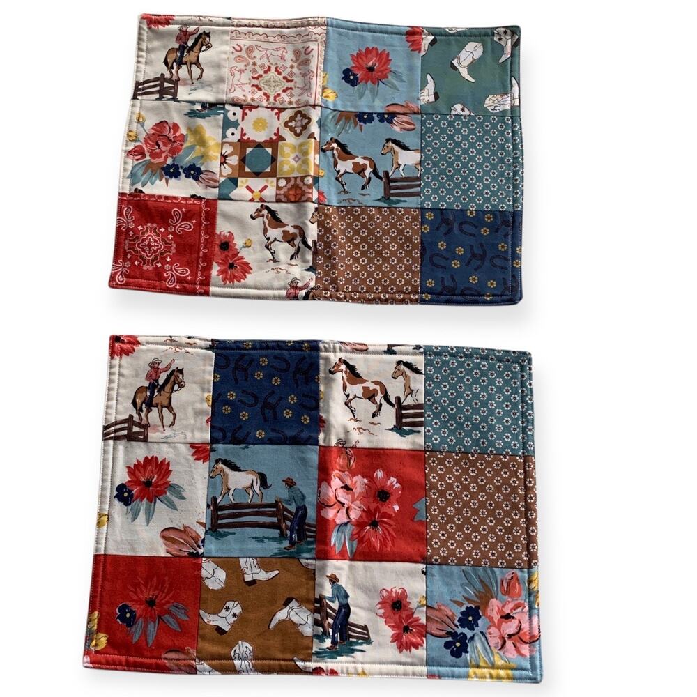 Set of 2 Small Western Patchwork Placemats Horses Floral Country Reversible